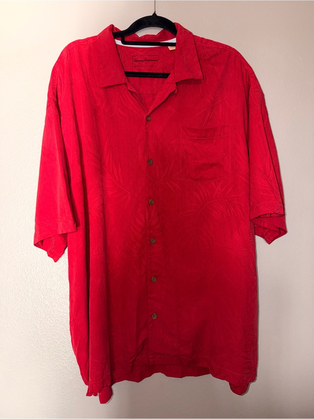 Tommy Bahama Red Short-Sleeve Camp Shirt with Woven Palm Motif